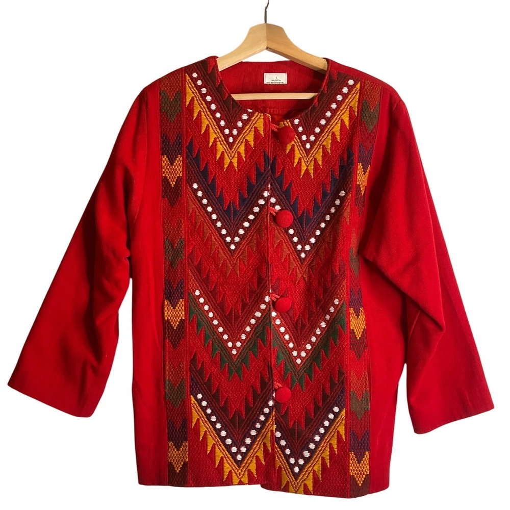 Vintage Guatemalan Red Tapestry Blazer Aztec Southwestern Folk Art Embriodered L